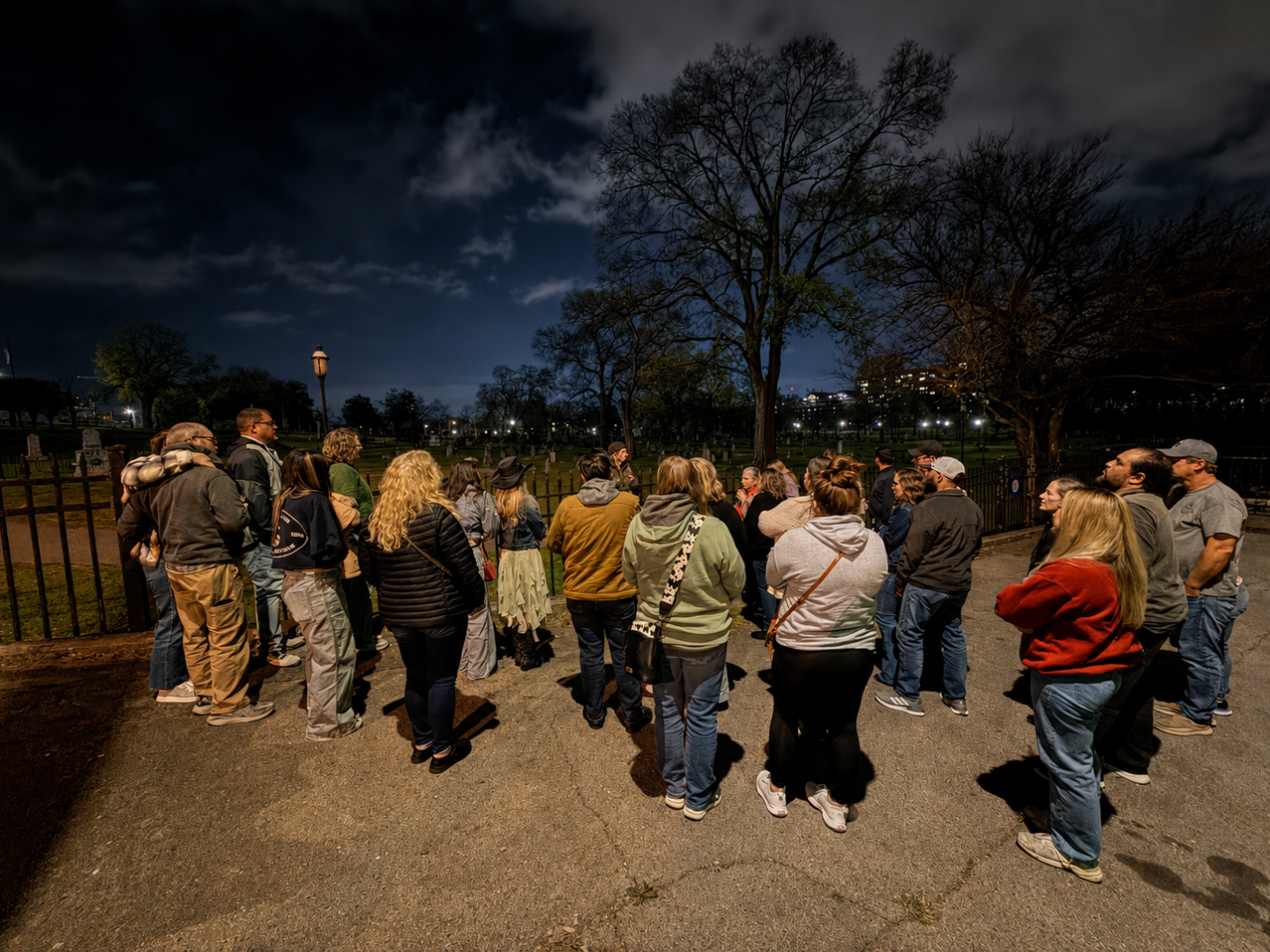 Group of people gathered under a cloudy night sky in a park.