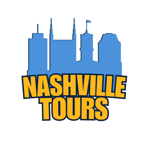 Blue Nashville skyline silhouette above yellow 'Nashville Tours' text on green background.
